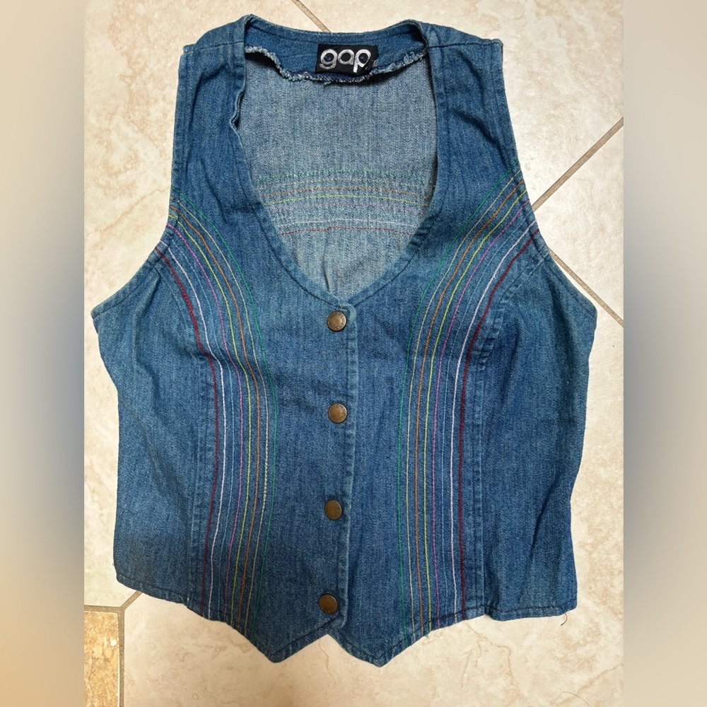 Vintage Gap Denim Vest with rainbow stitch accents